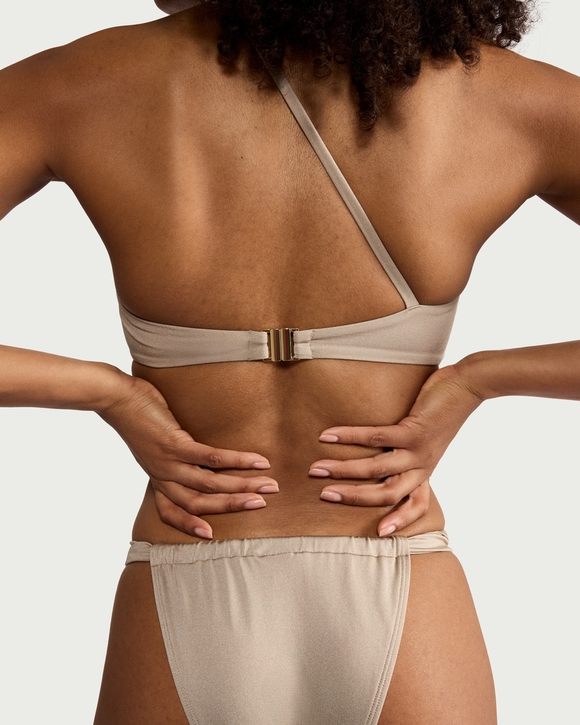 F&F High Shine Twist Front One Shoulder Bandeau Bikini Top in Grey thumbnail 3