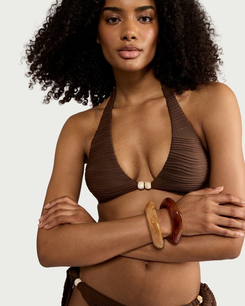 F&F Textured Halter Neck Bead Detail Bikini Top in Brown