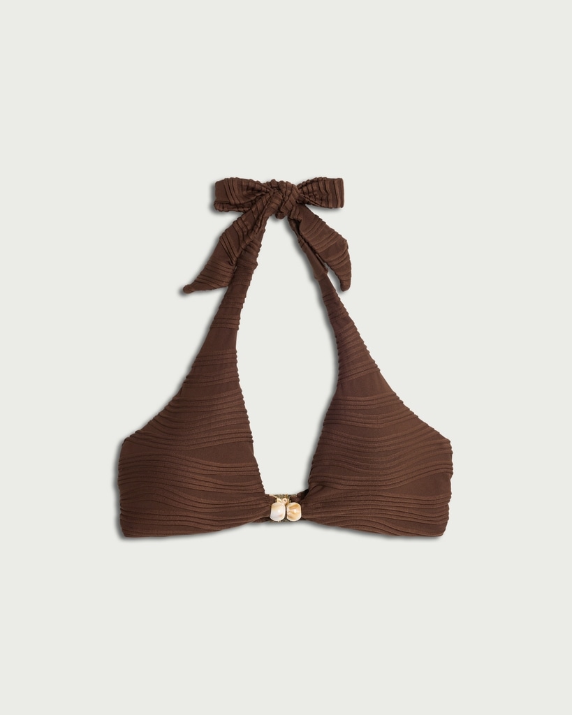 F&F Textured Halter Neck Bead Detail Bikini Top in Brown thumbnail 4