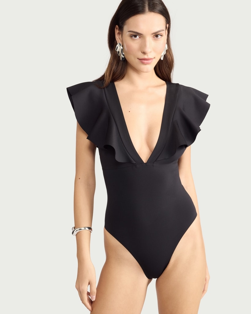 F&F Ruffle Sleeved Plunge Swimsuit in Black