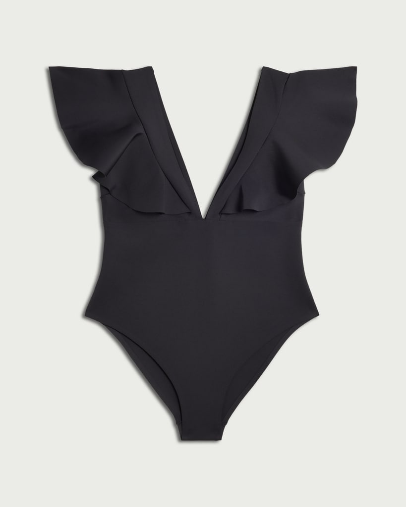 F&F Ruffle Sleeved Plunge Swimsuit in Black thumbnail 4