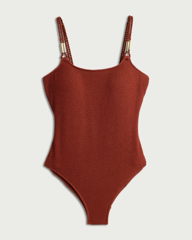 F&F Crinkle Textured Braided Strap Swimsuit in Brick thumbnail 4