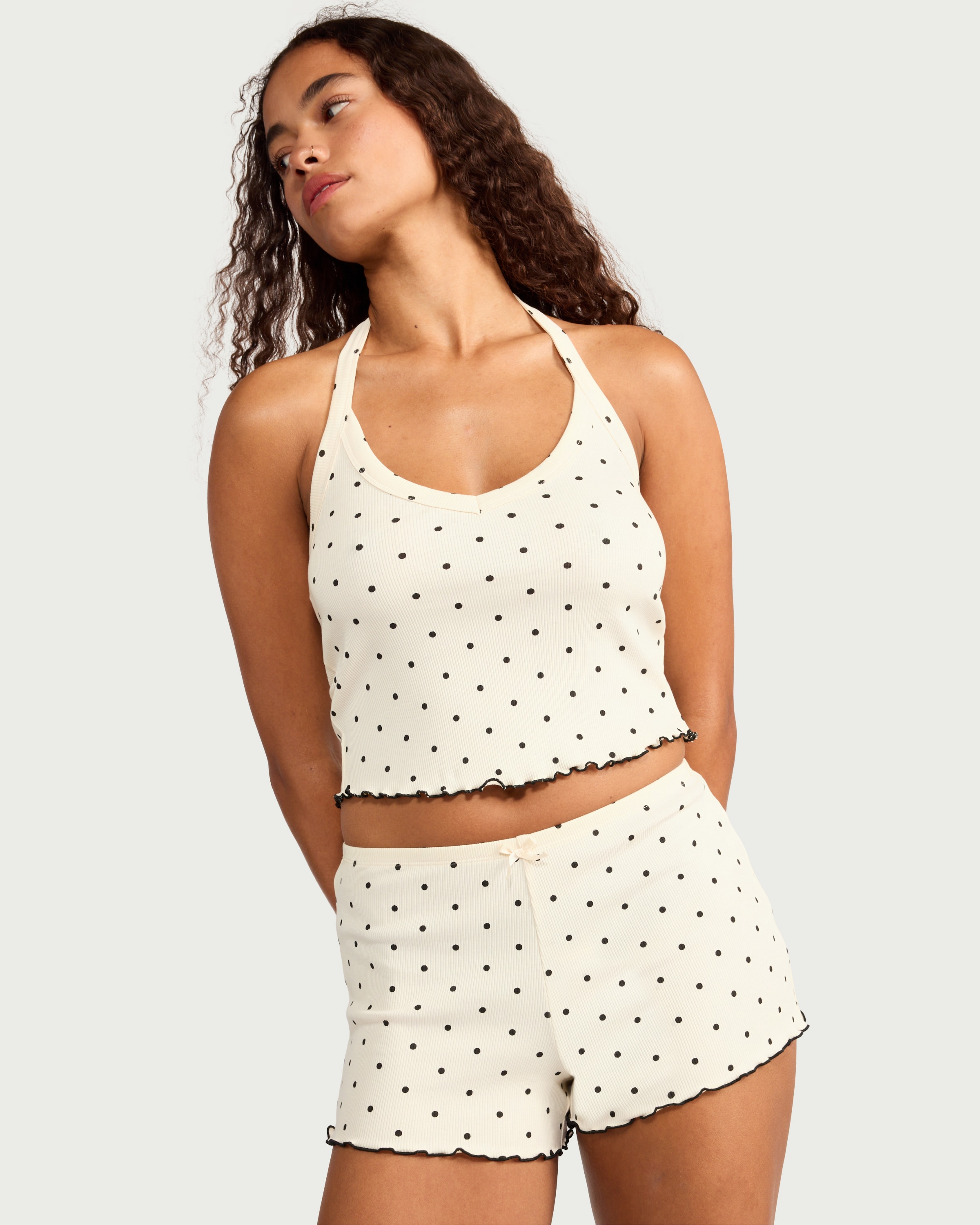 OH ME OH MY Cotton Rich Polka Dot Halter Neck Pyjama Top in Cream