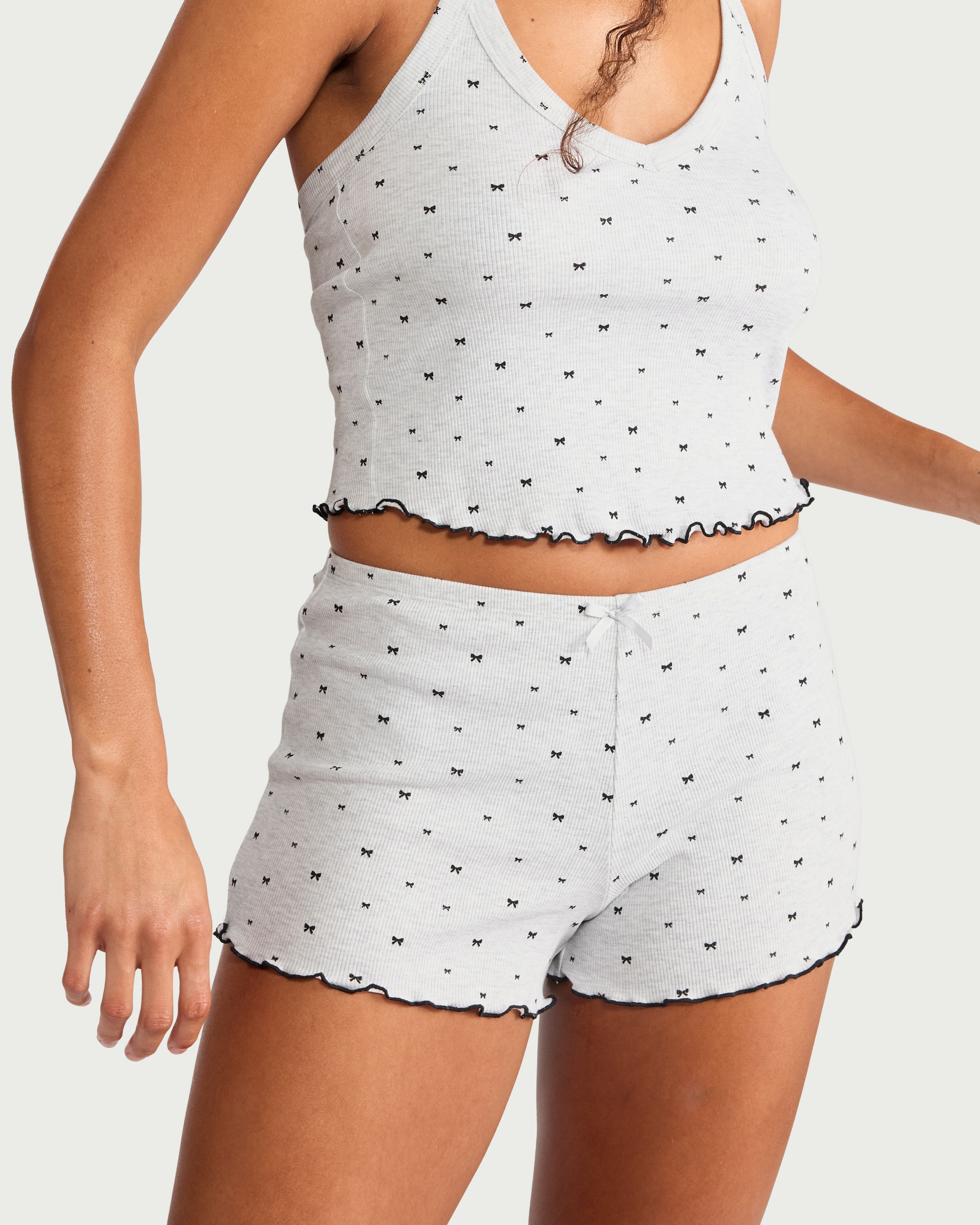 OH ME OH MY Cotton Rich Bow Print Pyjama Shorts in Grey