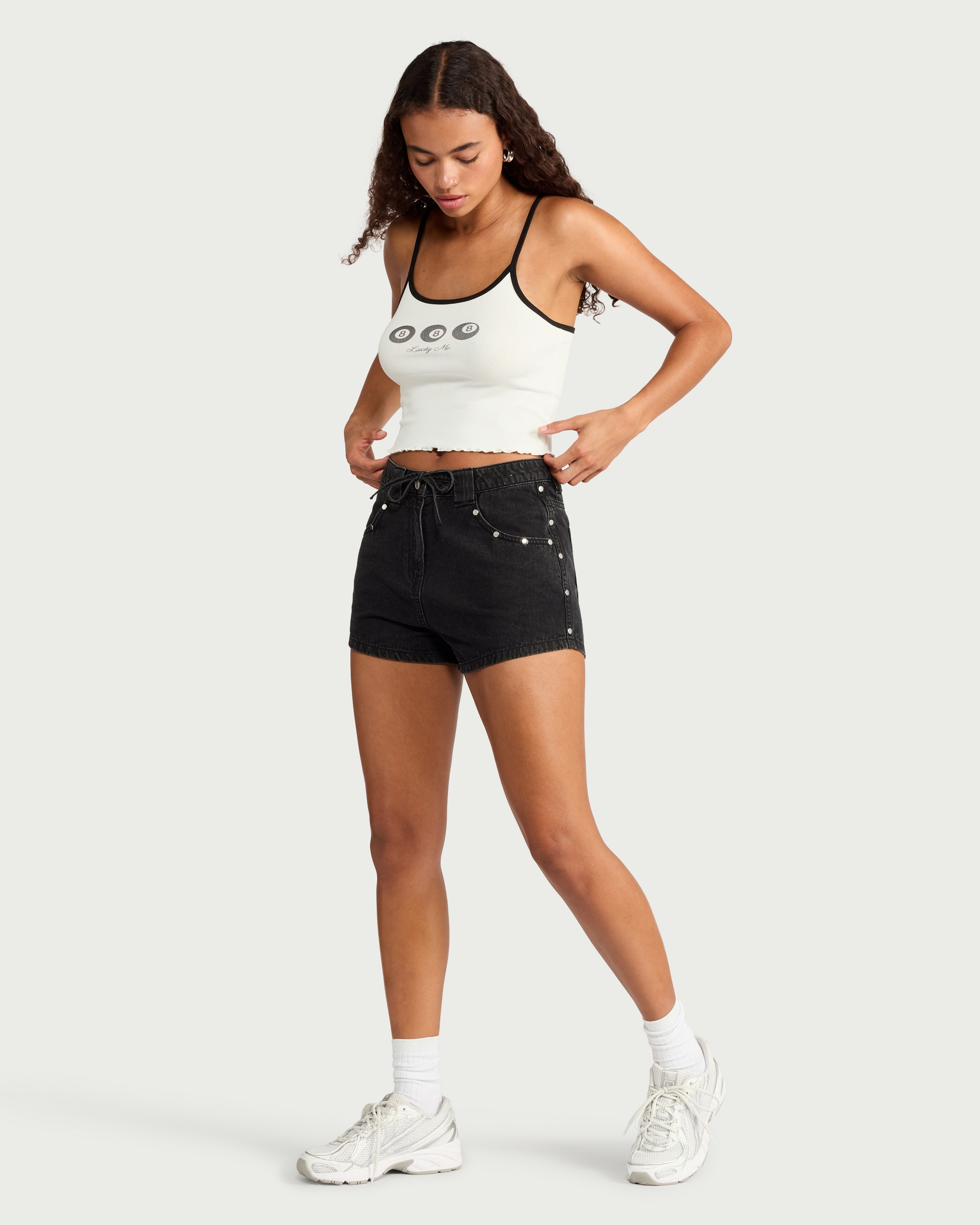 OH ME OH MY Studded Denim Shorts in Black thumbnail 3