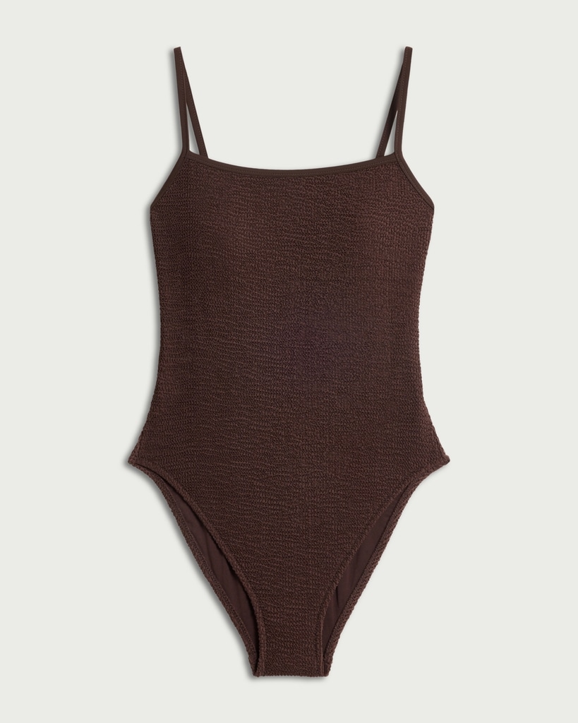 F&F Crinkle Textured Thin Strap Swimsuit in Chocolate thumbnail 4