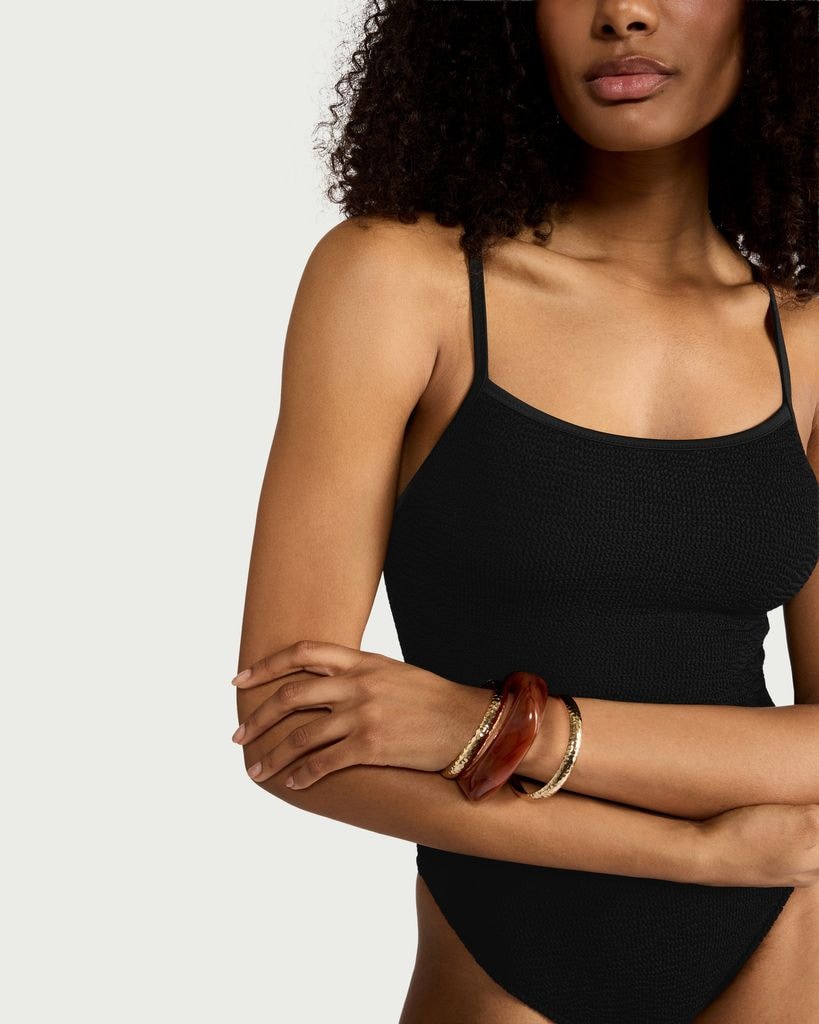 F&F Crinkle Textured Thin Strap Swimsuit in Black