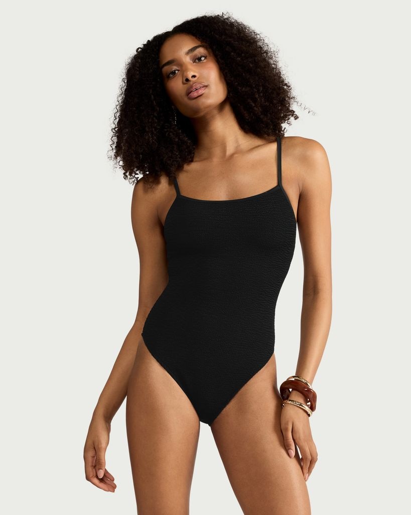 F&F Crinkle Textured Thin Strap Swimsuit in Black thumbnail 2