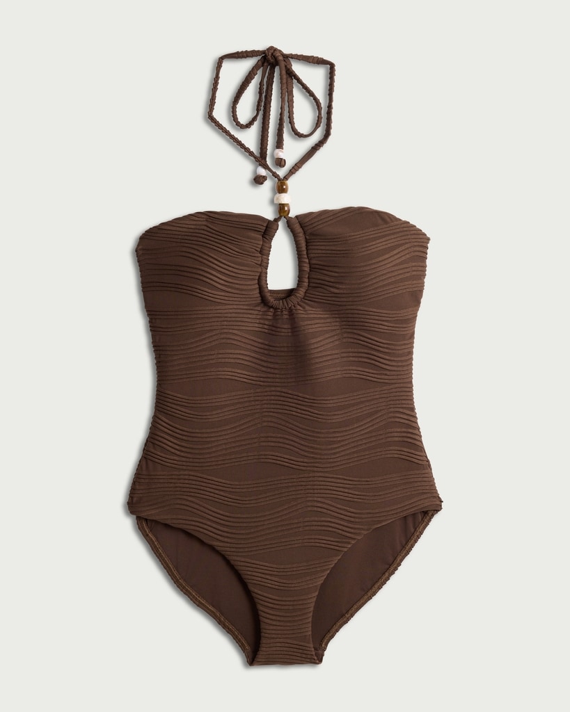 F&F Textured Halterneck Swimsuit in Brown thumbnail 4