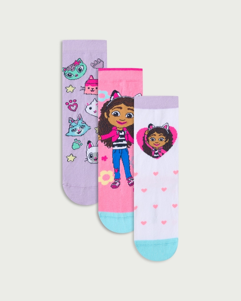 Gabby's Dollhouse 3-Pack Cotton Rich Character Print Ankle Socks in Pink