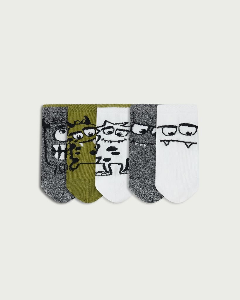 F&F Boys 5-Pack Cotton Rich Monster Print Trainer Socks in Multi