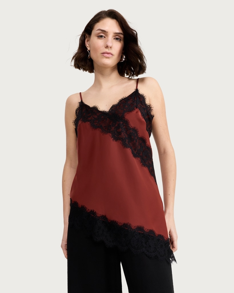 F&F Asymmetric Hem Lace Trim Camisole in Red