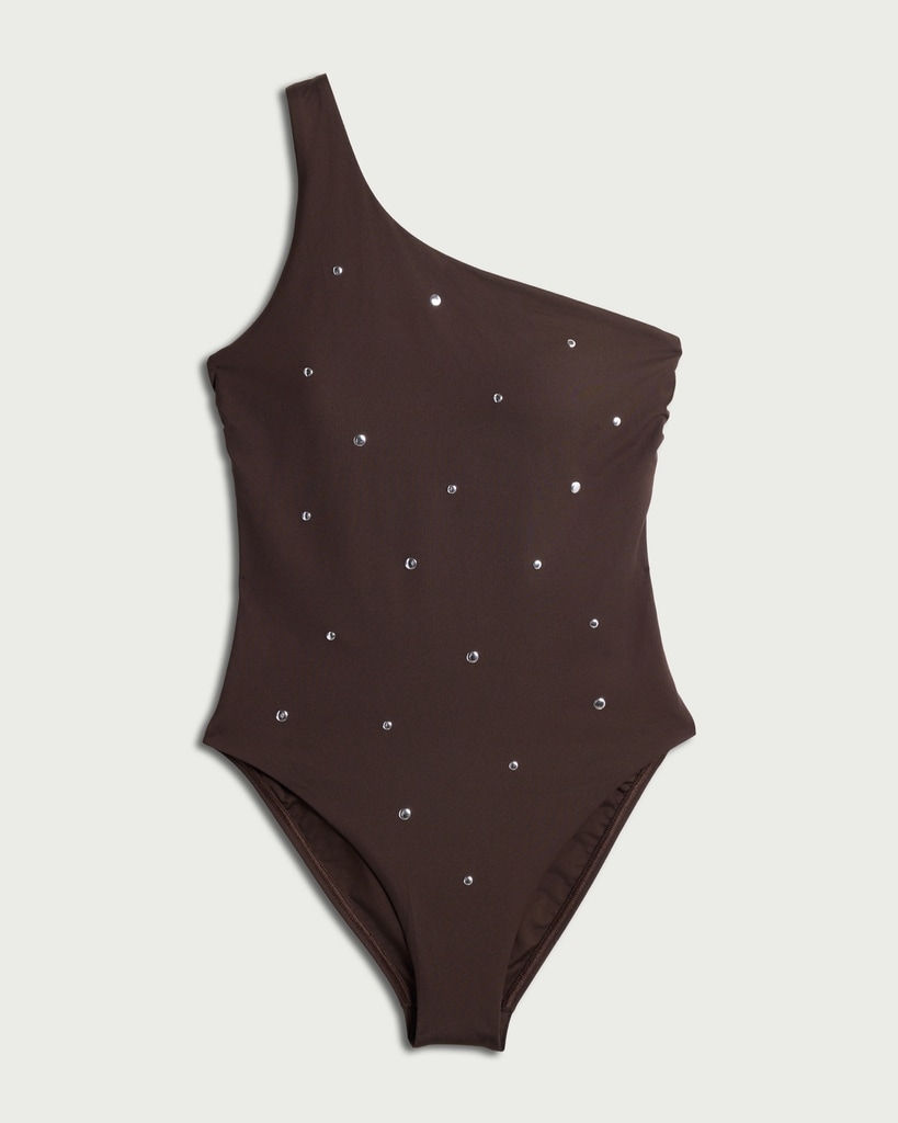F&F One Shoulder Embellished Swimsuit in Chocolate thumbnail 4