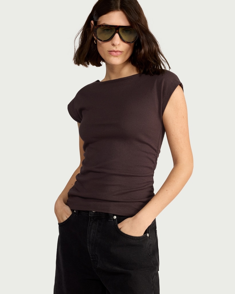 F&F Cotton Rich Ruched Side Cap Sleeved Top in Chocolate