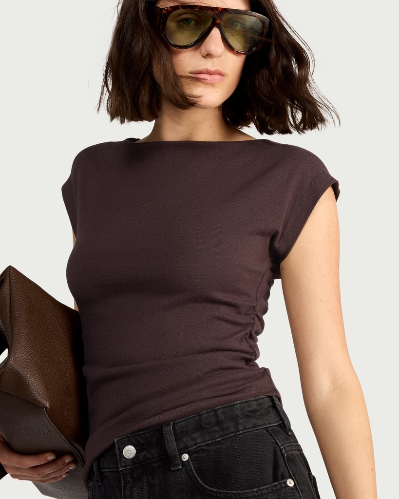 F&F Cotton Rich Ruched Side Cap Sleeved Top in Chocolate thumbnail 2