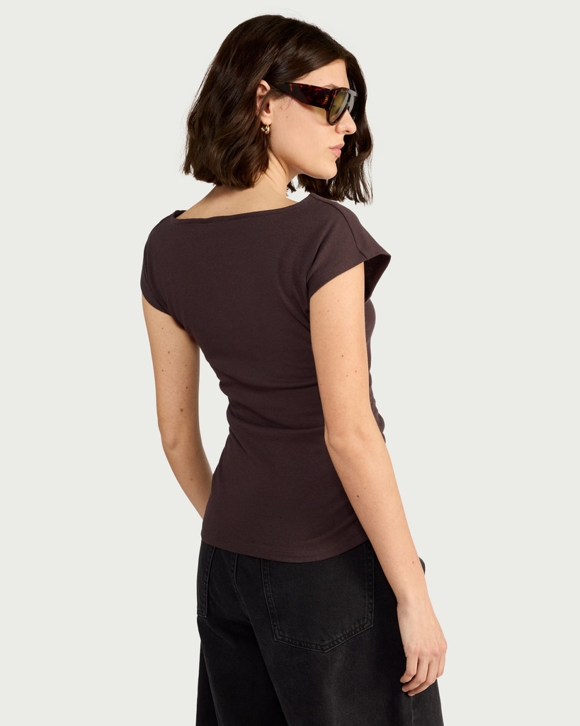 F&F Cotton Rich Ruched Side Cap Sleeved Top in Chocolate thumbnail 3