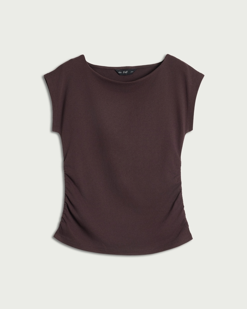 F&F Cotton Rich Ruched Side Cap Sleeved Top in Chocolate thumbnail 4