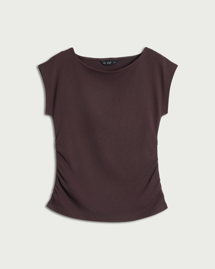 F&F Cotton Rich Ruched Side Cap Sleeved Top in Chocolate thumbnail 5