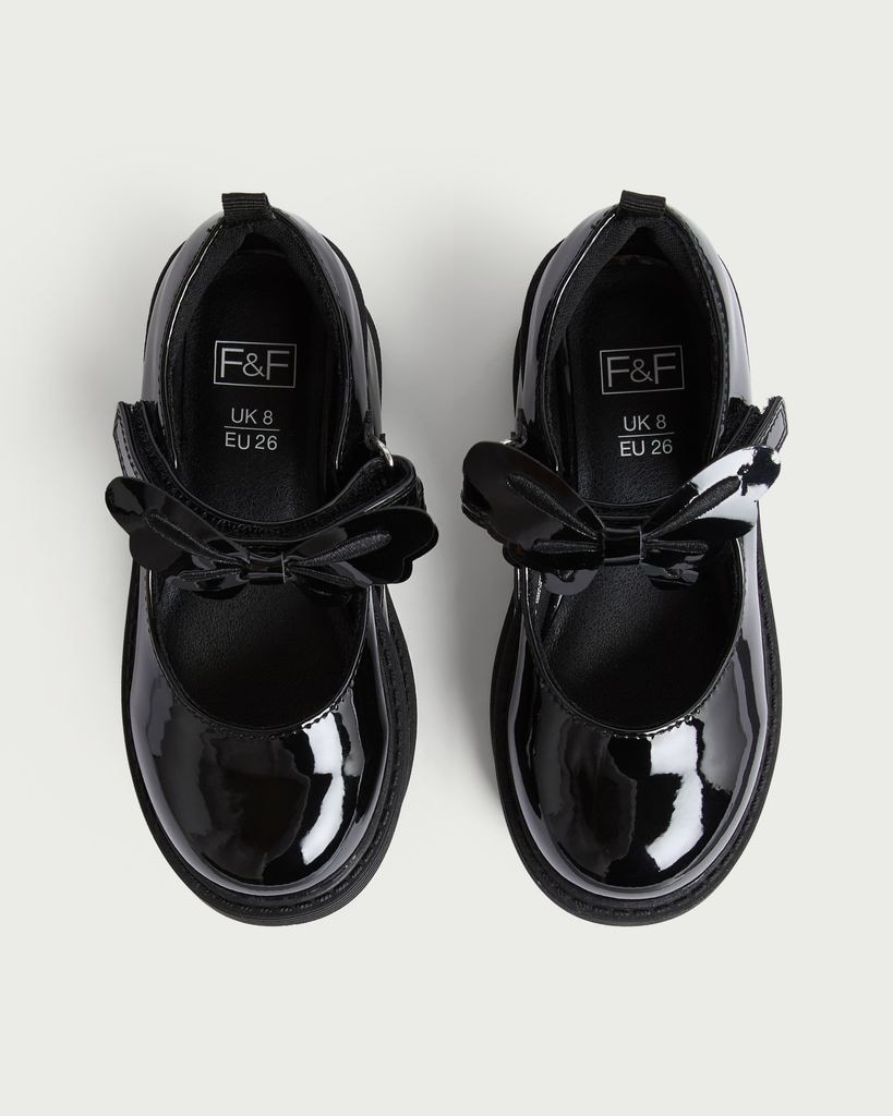 F&F School Girls Patent Butterfly Mary Jane Shoes in Black thumbnail 2