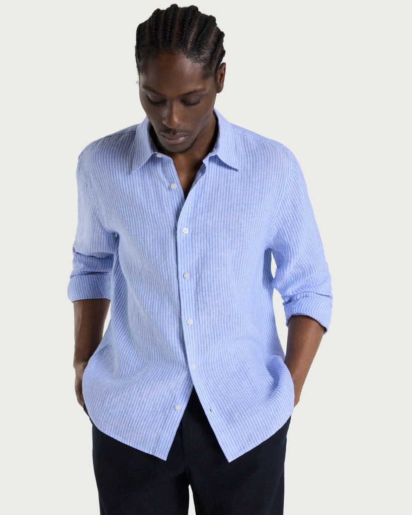 F&F Pure Linen Button Up Shirt in Multi Blue