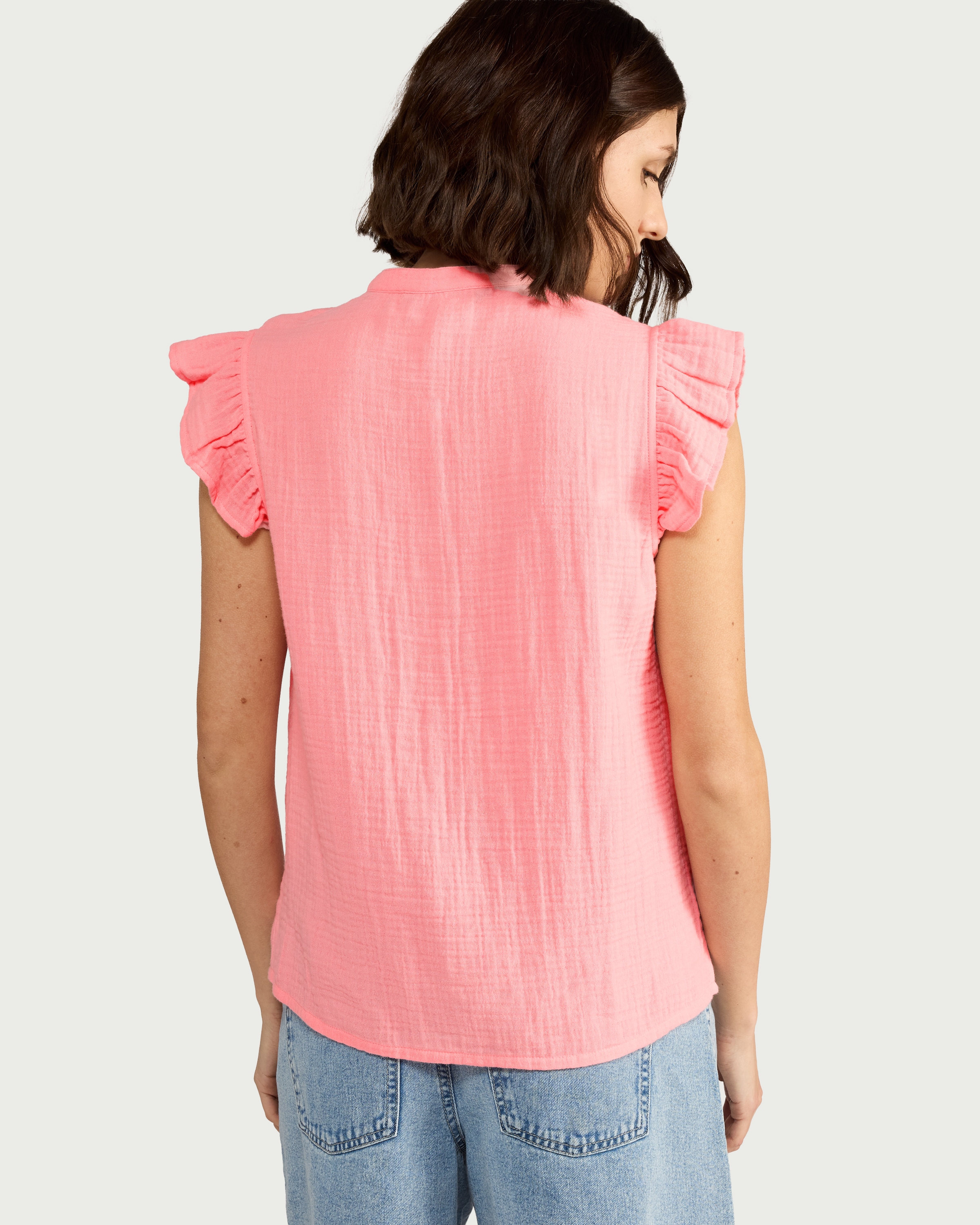 F&F Pure Cotton Double Cloth Ruffle Sleeved Blouse in Pink thumbnail 3