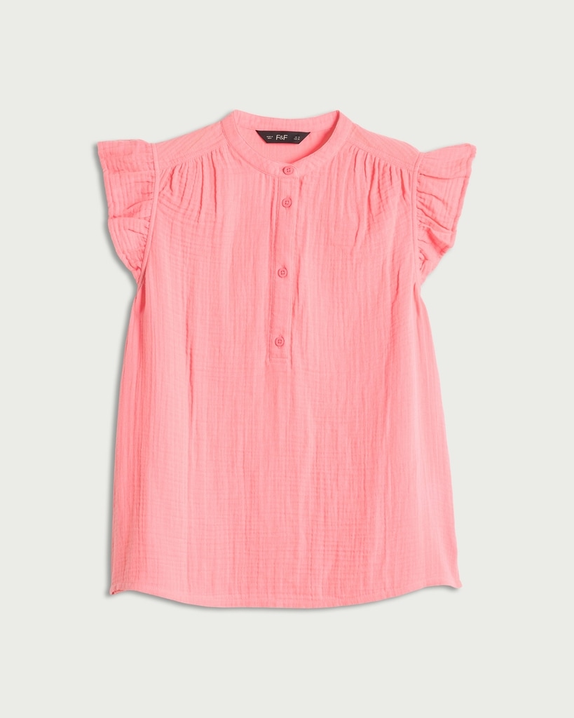 F&F Pure Cotton Double Cloth Ruffle Sleeved Blouse in Pink thumbnail 4