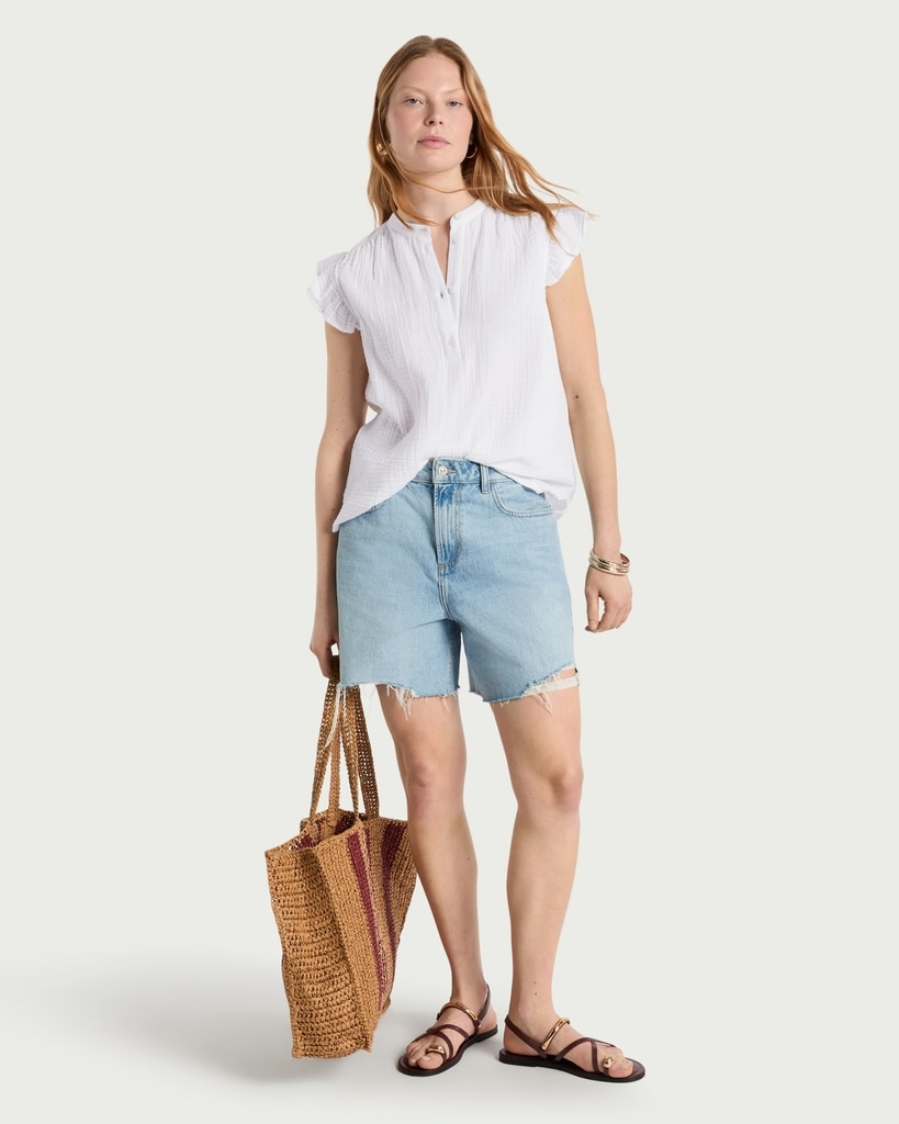 F&F Pure Cotton Double Cloth Ruffle Sleeved Blouse in White thumbnail 2