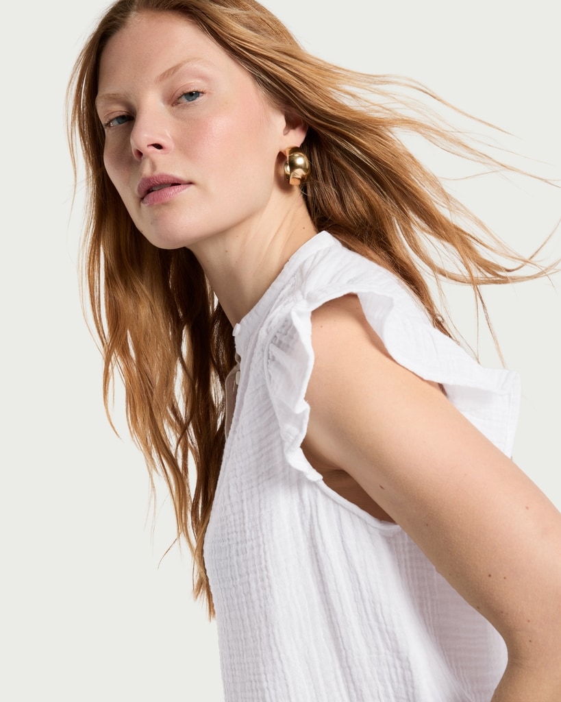 F&F Pure Cotton Double Cloth Ruffle Sleeved Blouse in White