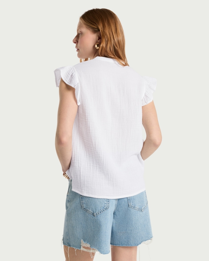 F&F Pure Cotton Double Cloth Ruffle Sleeved Blouse in White thumbnail 3