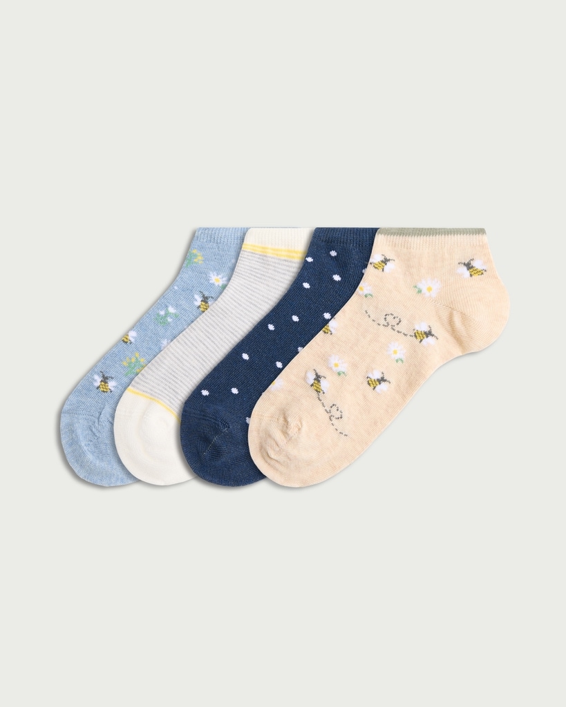 F&F 4-Pack Cotton Blend Bee and Floral Trainer Socks in Multi