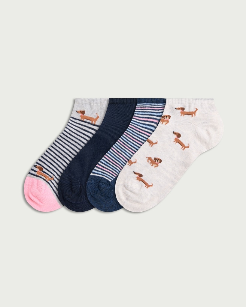 F&F 4-Pack Cotton Blend Dachshund Print Trainer Socks in Multi