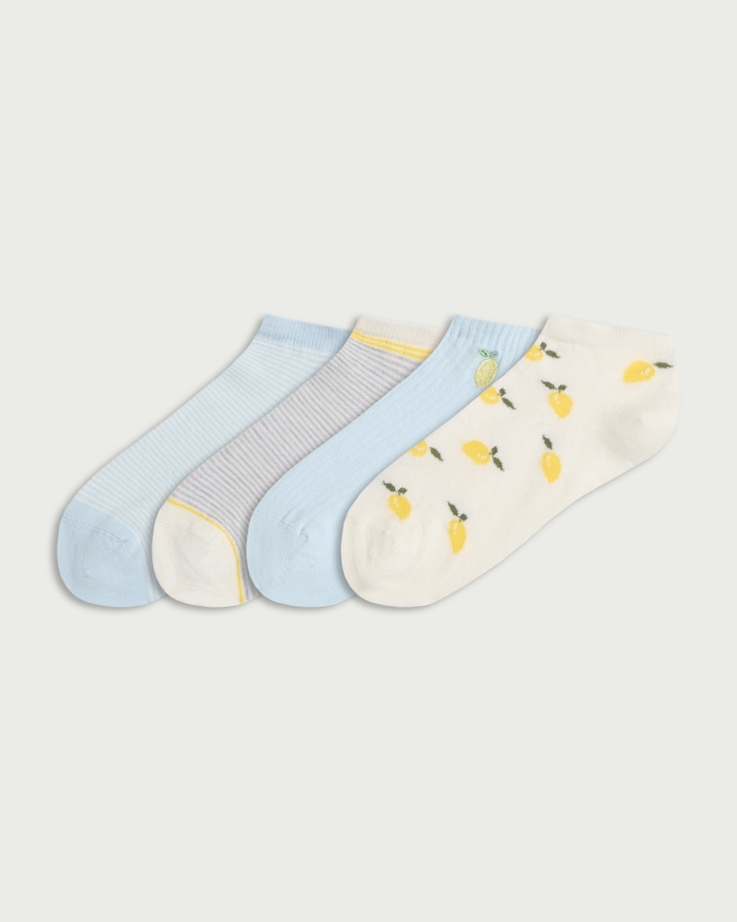F&F 4-Pack Cotton Rich Lemon Print Trainer Socks in Multi