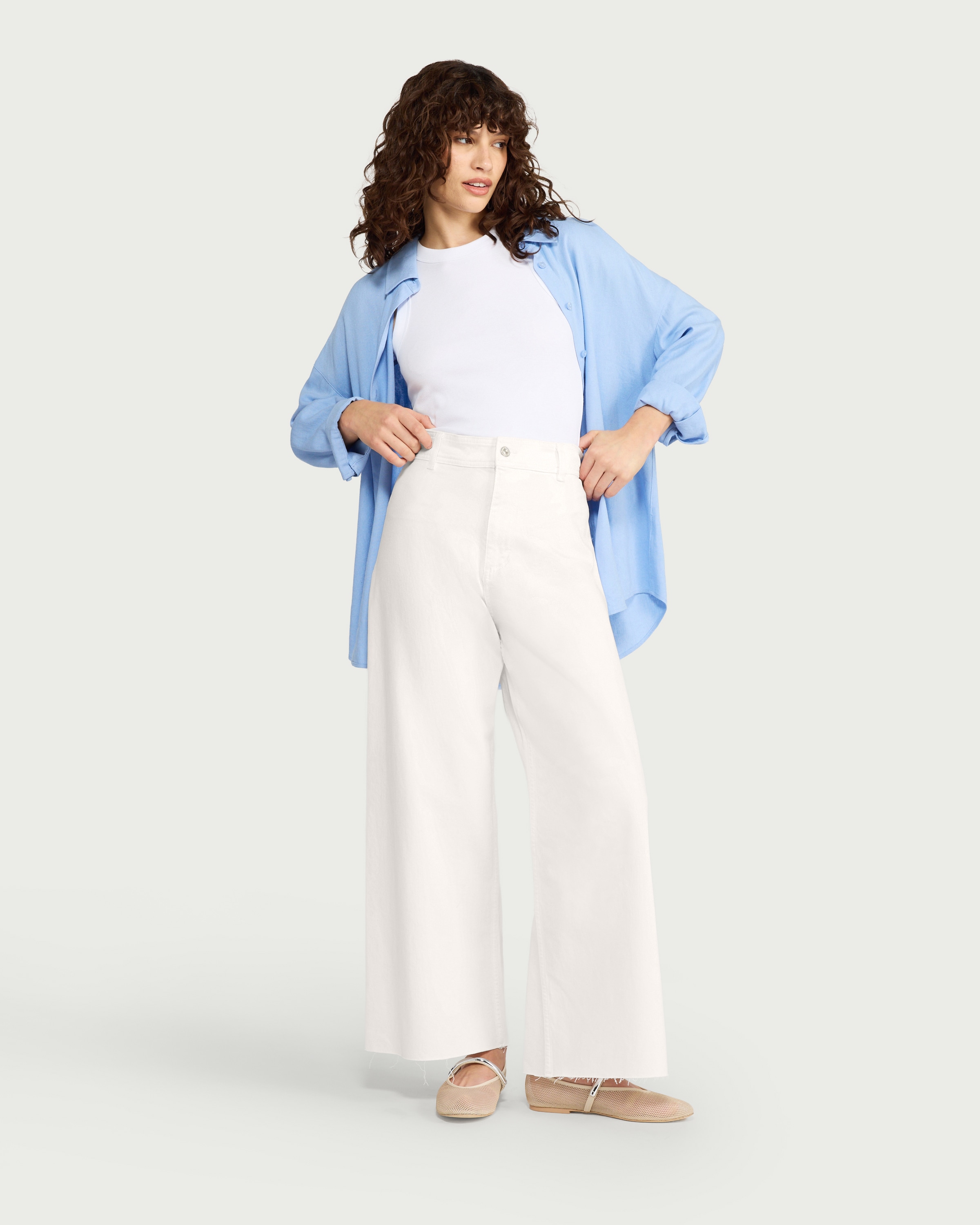 F&F High Rise Wide Leg Cropped Jeans in Ecru