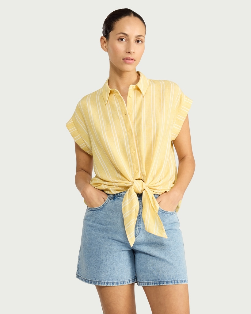 F&F Striped Tie Front Short Sleeved Shirt in Yellow