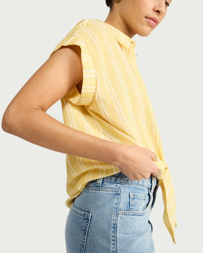 F&F Striped Tie Front Short Sleeved Shirt in Yellow thumbnail 2