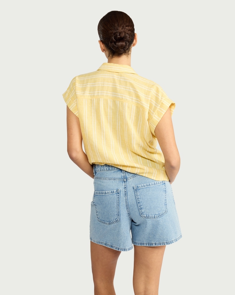 F&F Striped Tie Front Short Sleeved Shirt in Yellow thumbnail 3