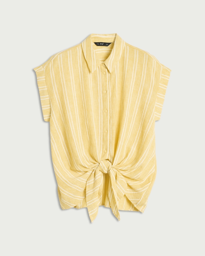 F&F Striped Tie Front Short Sleeved Shirt in Yellow thumbnail 4