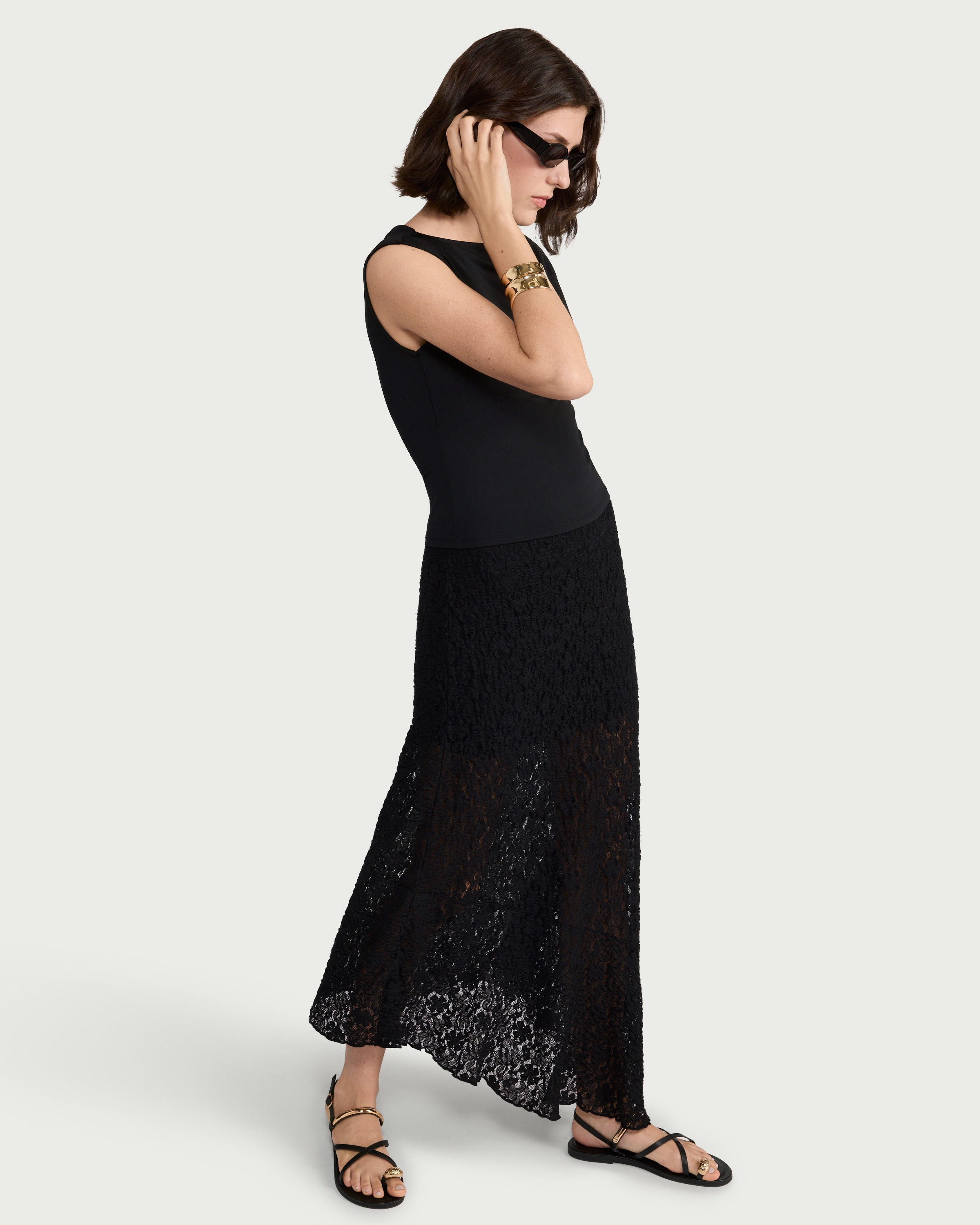 F&F Lace Asymmetric Hem Midi Skirt in Black