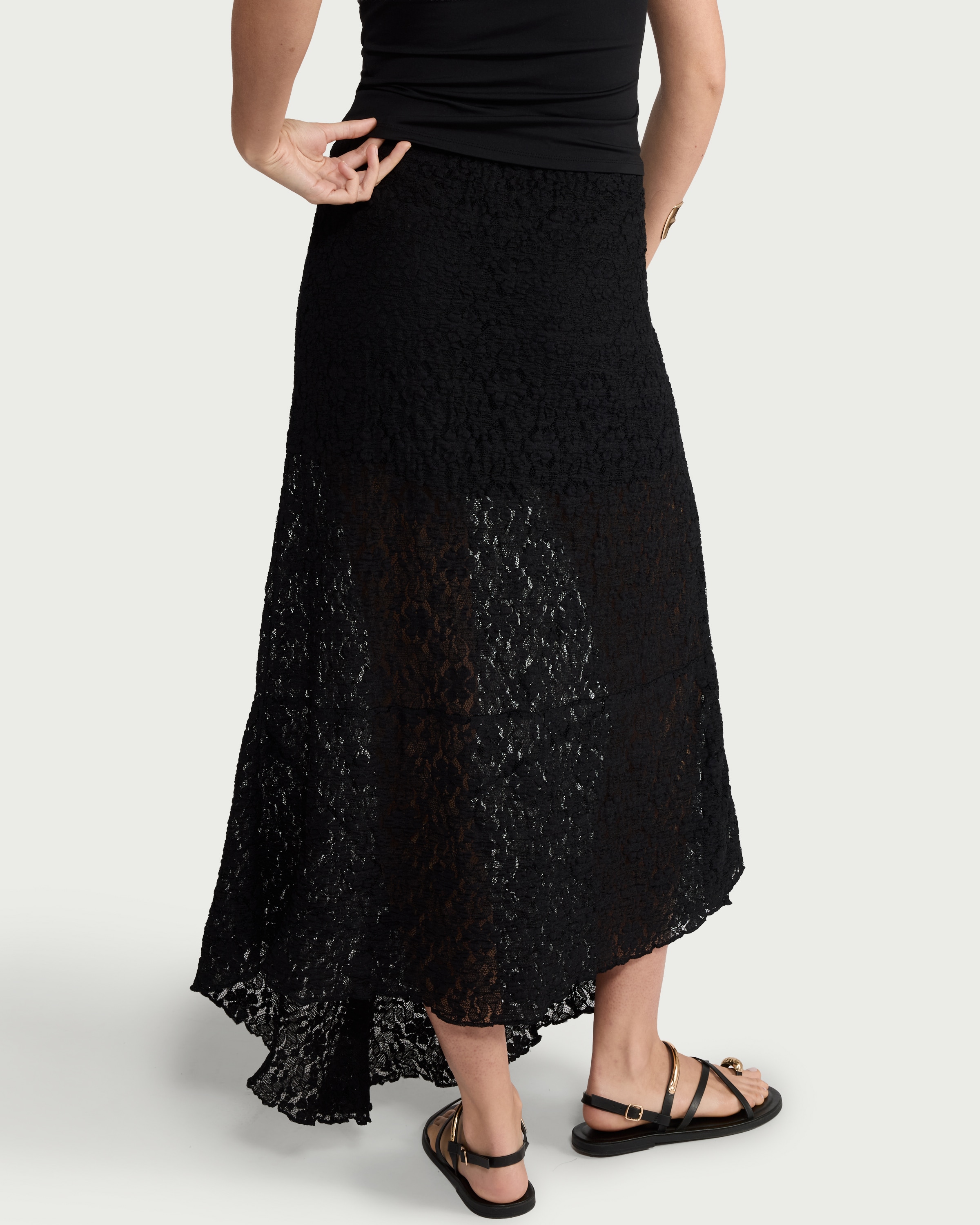 F&F Lace Asymmetric Hem Midi Skirt in Black thumbnail 3