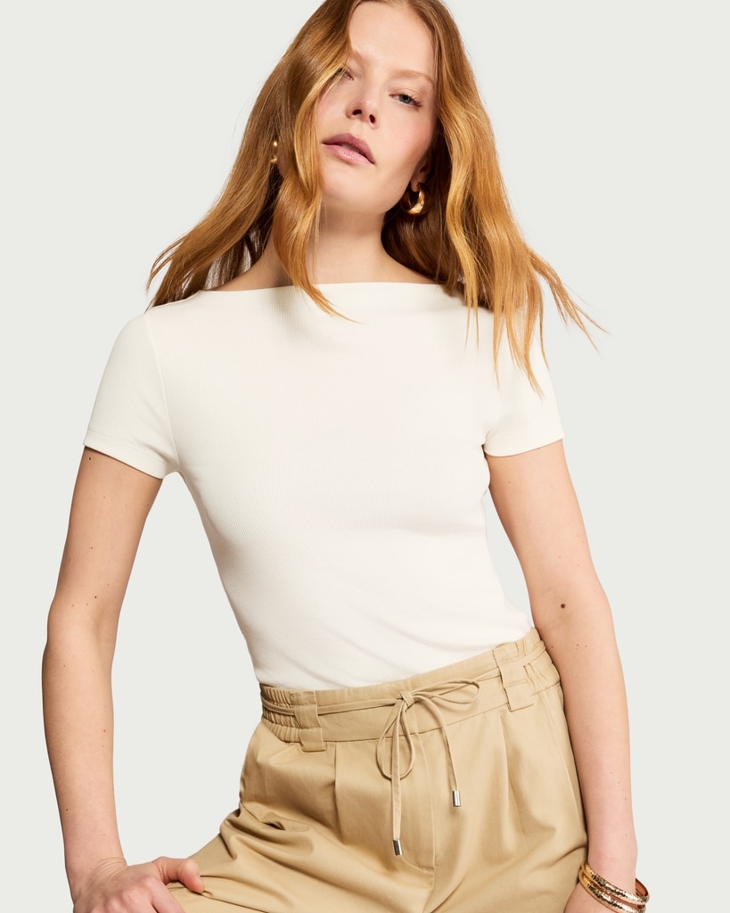 F&F Cotton Rich Slash Neck Short Sleeved Top in Cream