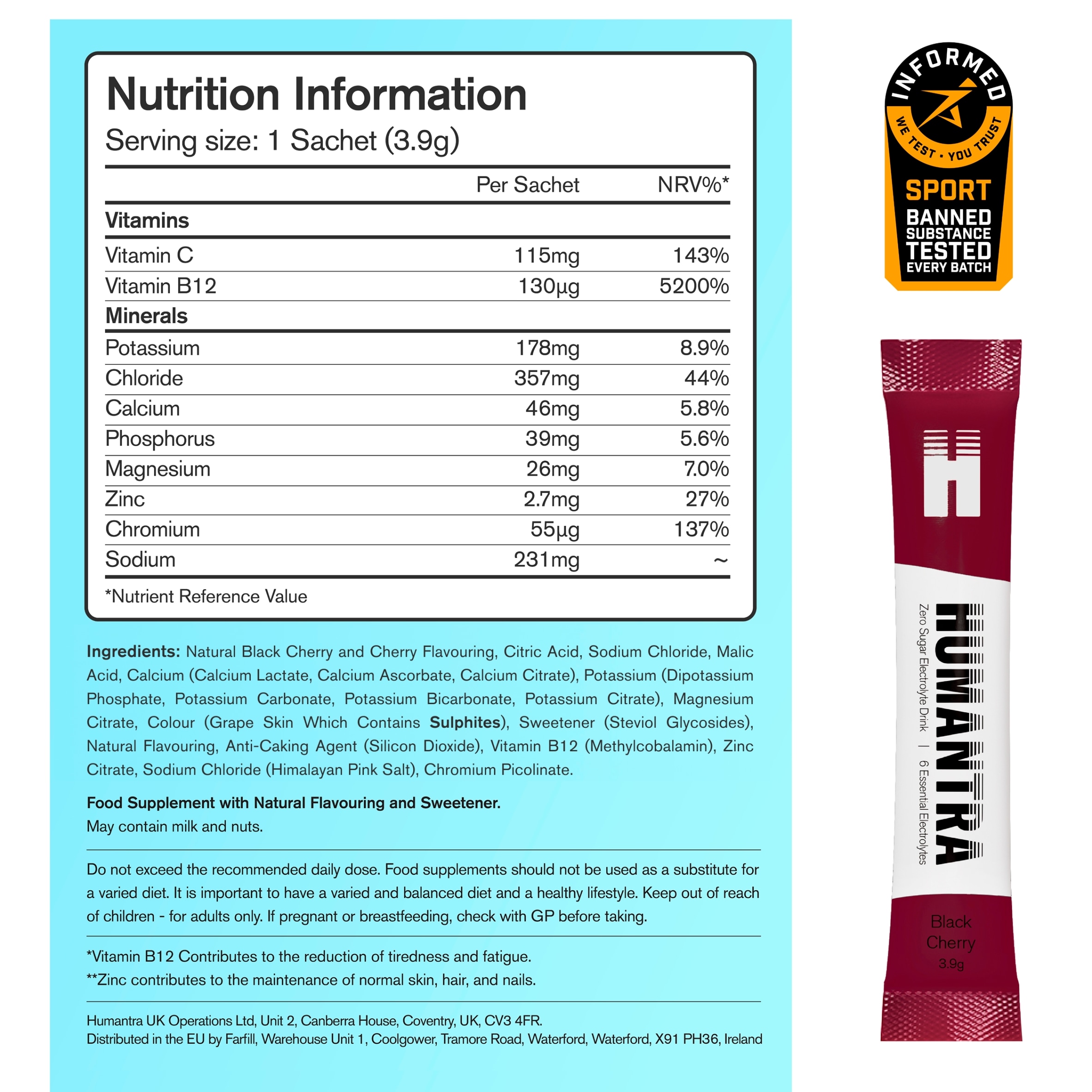 Humantra Black Cherry Zero Sugar Electrolyte Drink 3 x 3.9g Sachets thumbnail 5