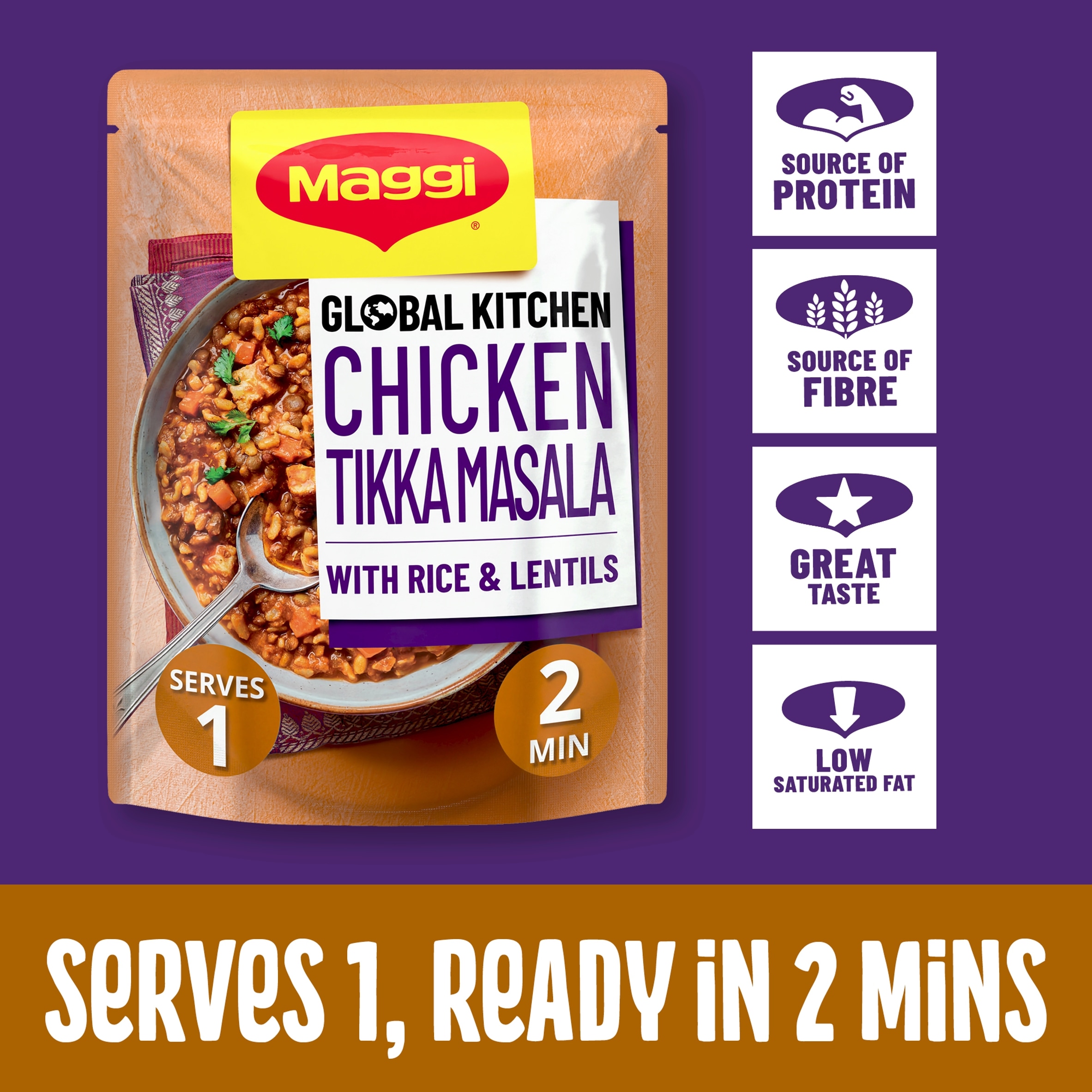 Maggi Global Kitchen Chicken Tikka Masala with Rice and Lentils Ready Meal 260g thumbnail 3
