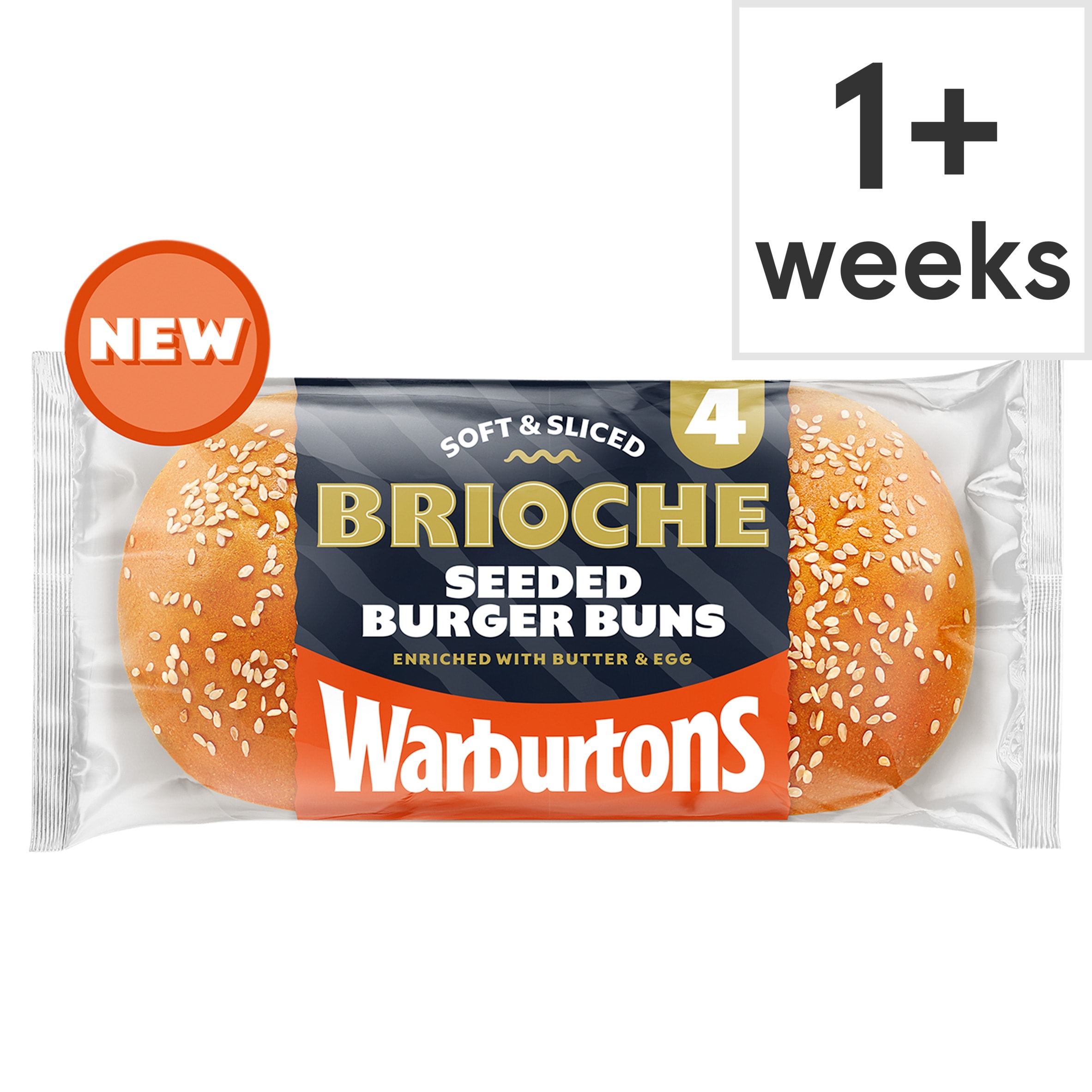 Warburtons 4 Soft and Sliced Seeded Brioche Burger Buns with Butter and Eggs