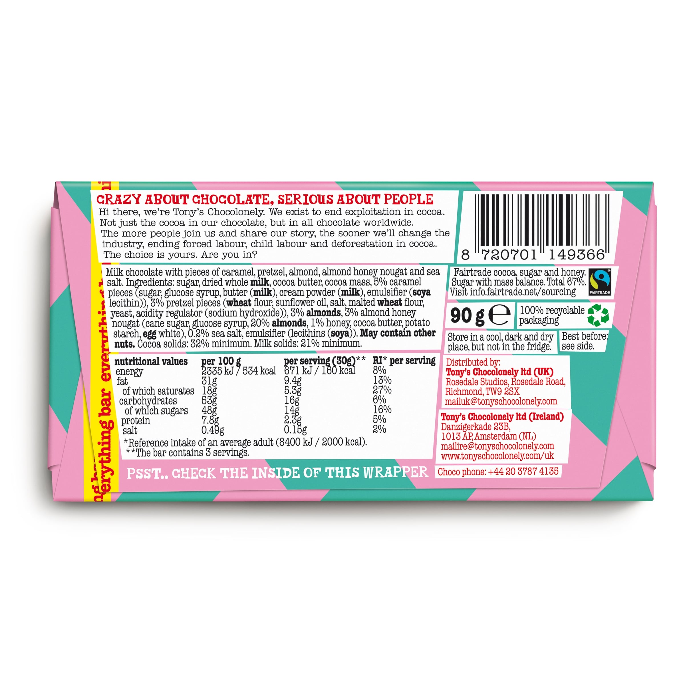 Tony's Chocolonely Milk chocolate caramel pretzel almond nougat sea salt 90g thumbnail 2