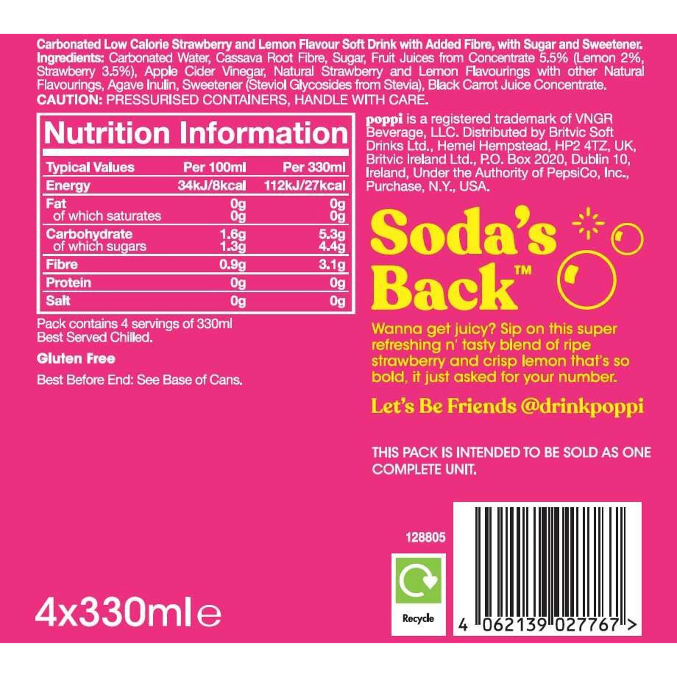 Poppi Strawberry & Lemon Soda Cans 4x330ml thumbnail 4