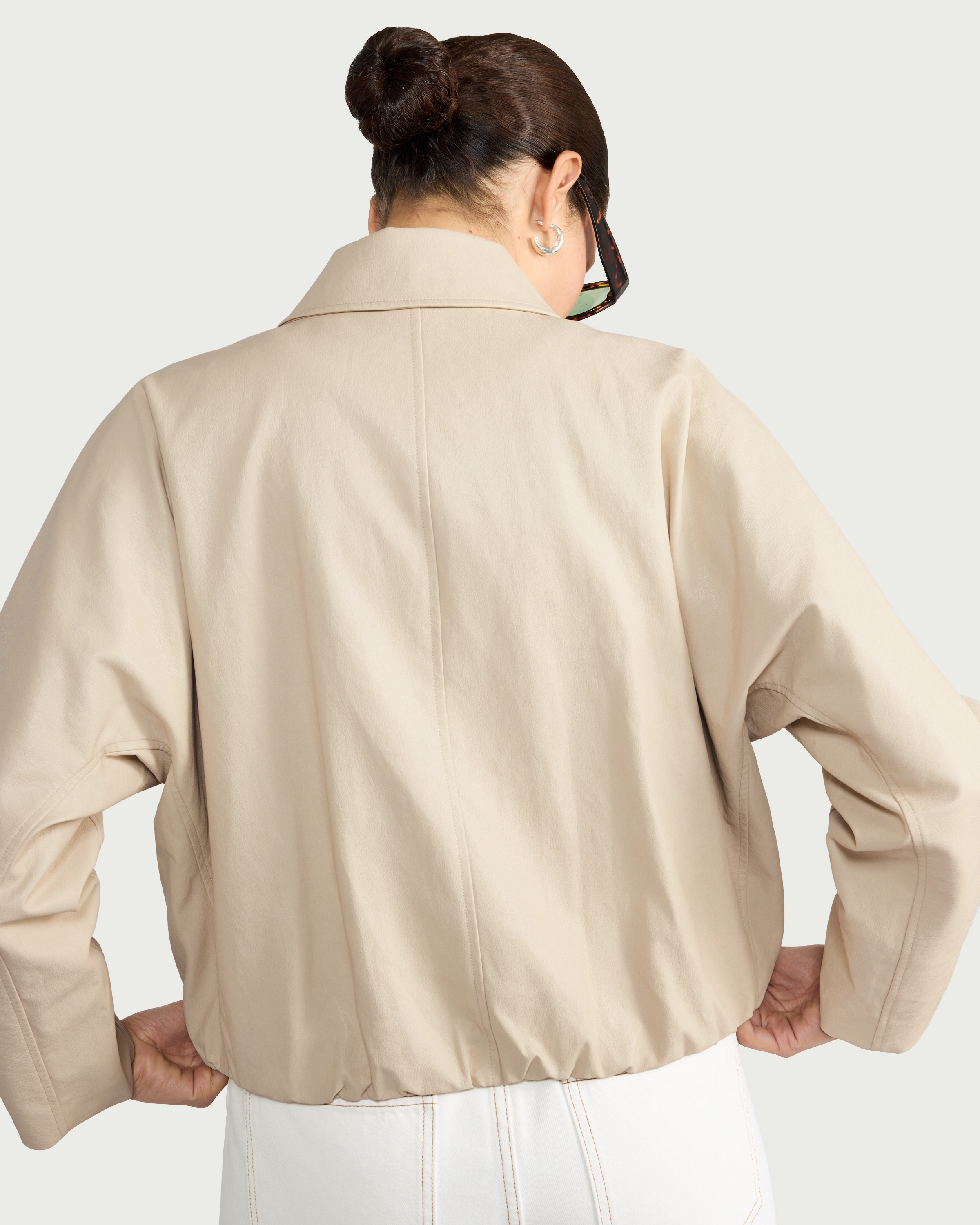 F&F Faux Leather Bubble Hem Jacket in Cream thumbnail 3