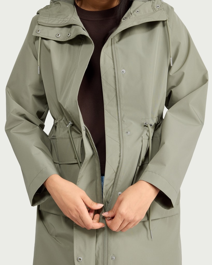 F&F Shower Resistant Drawstring Waist Hooded Raincoat in Khaki
