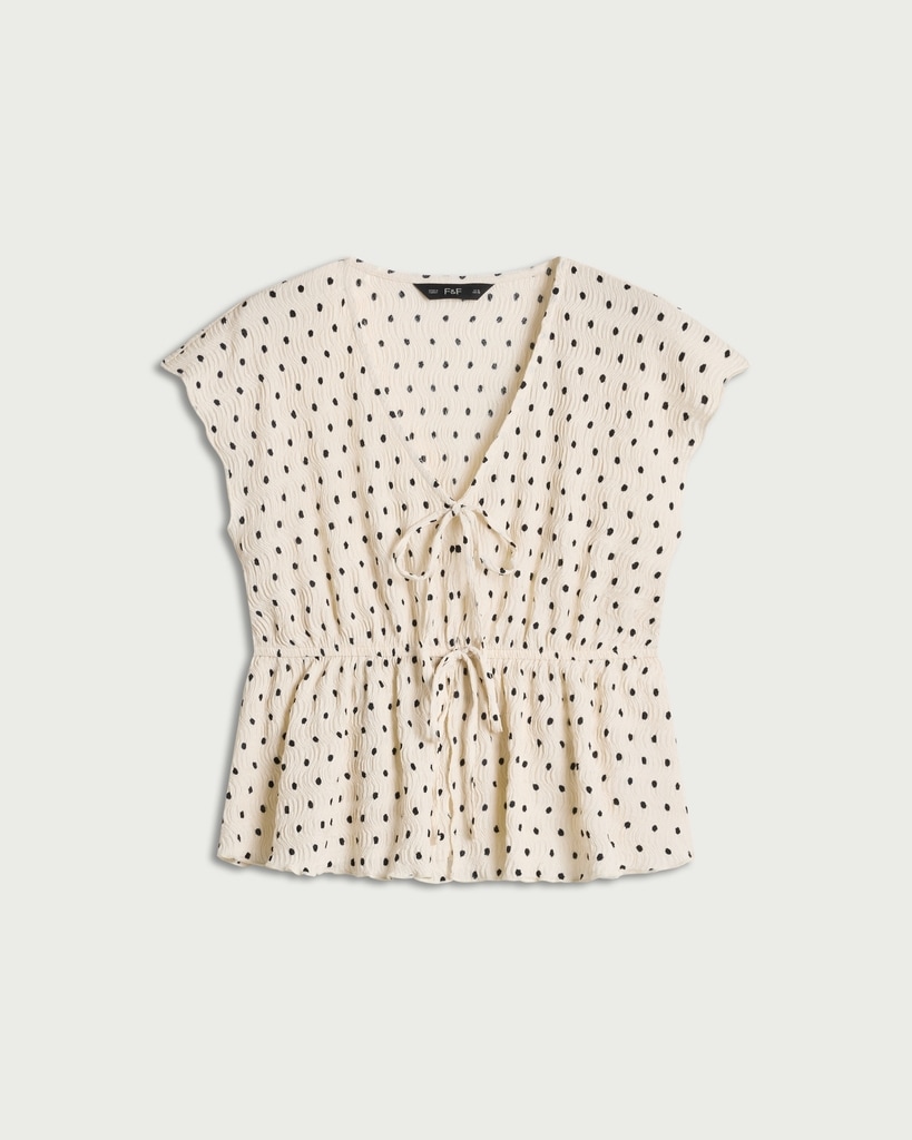 F&F Textured Polka Dot Tie Front Co-ord Top in Multi White thumbnail 4