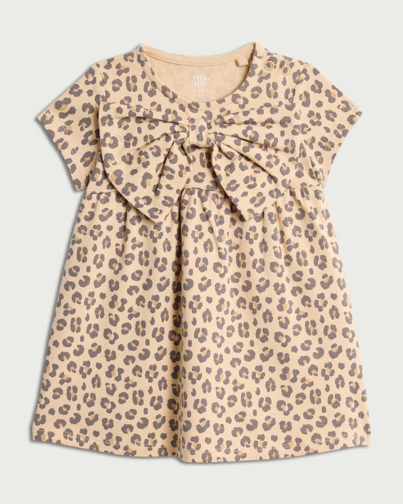F&F Baby Cotton Rich Leopard Print Bow Dress in Tobacco