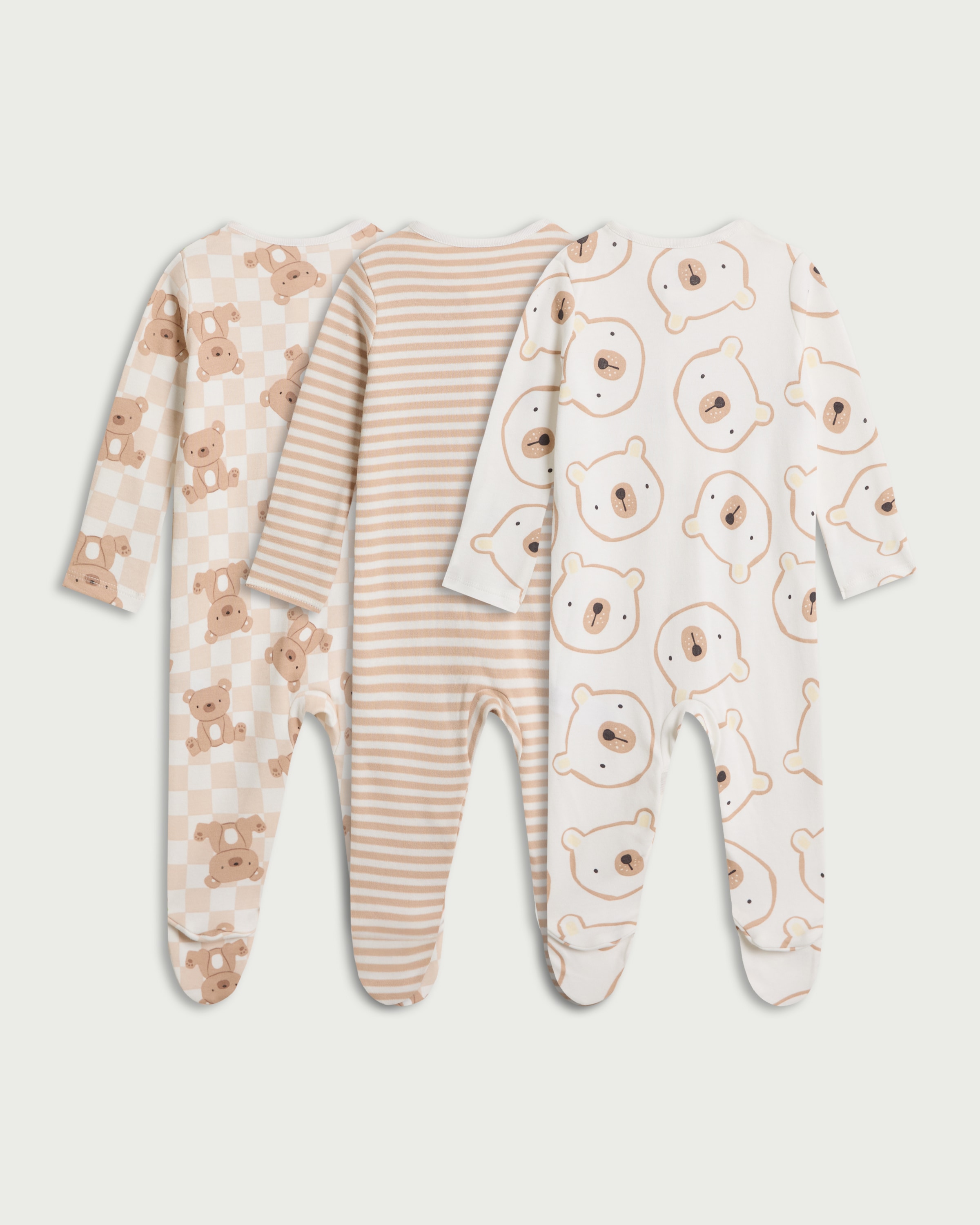 F&F Baby 3-Pack Pure Cotton Bear Print Sleepsuits in Neutral thumbnail 2